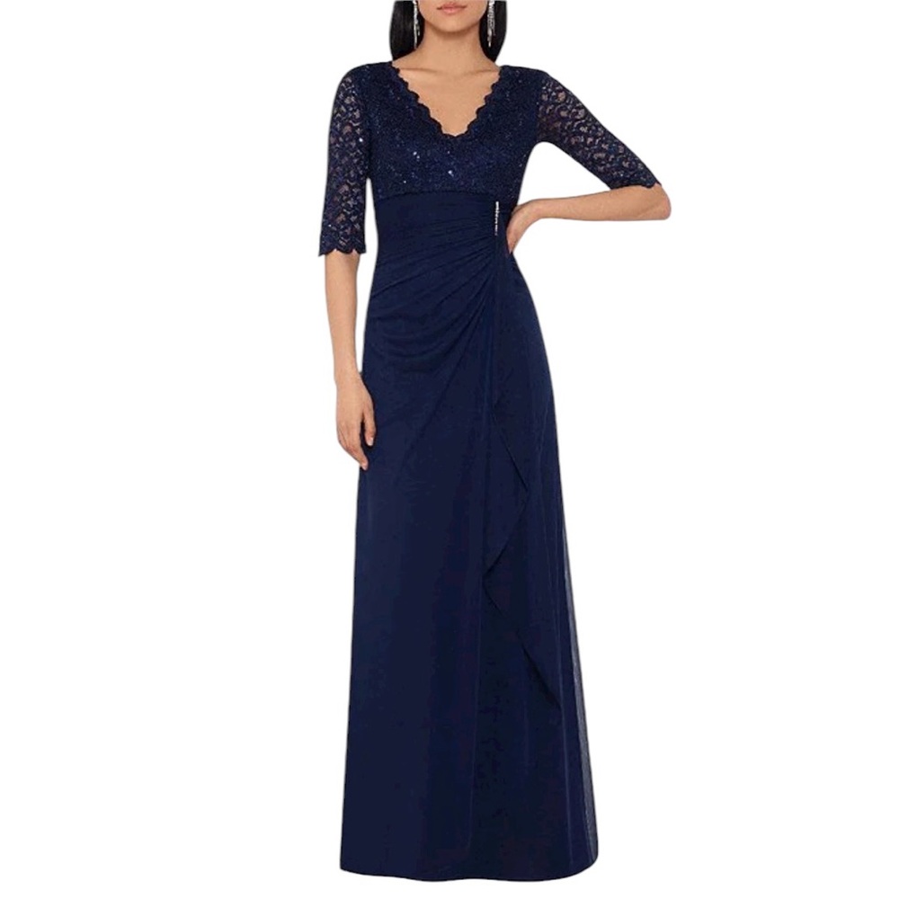 NEW B&A by Betsy & Adam V-Neck Sequin Lace Bodice Navy Gown 3/4‎ Sleeve Size 4